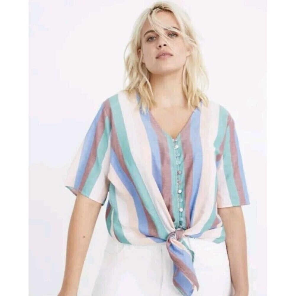 Madewell Rainbow 100% Cotton‎ Tie Front Blouse Top button up size XS Striped N59